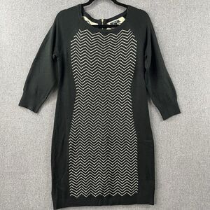 APT. 9 Black Chevron Knit Sweater Dress Gold Zip Neck Size M NEW Without Tag